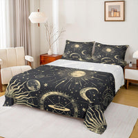 Erosebridal Bohemian Sun Moon Sheet Set King Galaxy Top Sheet Constellation Fitted Sheet Starry Sky Bed Sheet Exotic Style Golden Black Room Decorative Flat Sheet Cartoon Deep Pocket Fitted Sheets