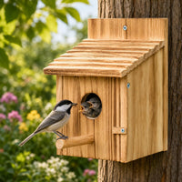 NATUREYLWL Wooden Bird House for Outside, Hanging Natural Wood Birdhouse with Perch, 1.57" Entrance & Side Clean-Out Door for Bluebirds, Wrens and Finches, Garden Decor