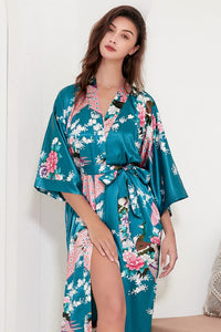 BABEYOND Women's Kimono Robe Long Satin Silky Robes with Peacock and Blossoms Printed Kimono Nightgown
