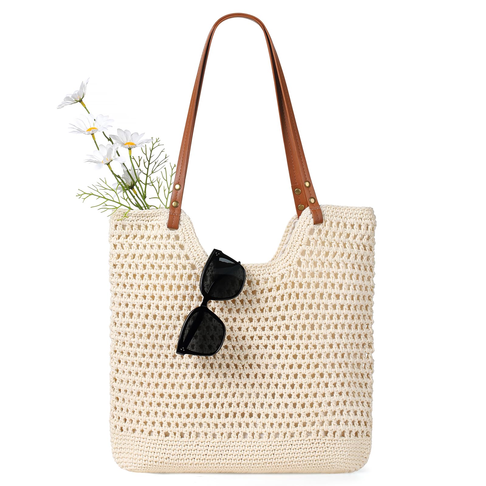 Sightor Crochet Beach Bag, Woven Tote Bag Summer Boho Bag Travel Casual Shoulder Bag for Summer Vacation (Beige)