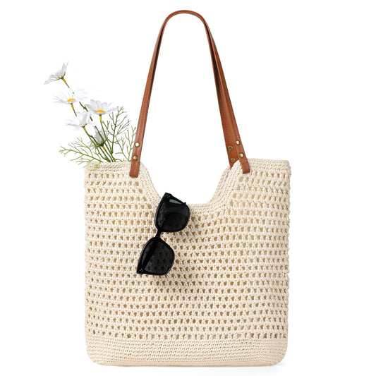Sightor Crochet Beach Bag, Woven Tote Bag Summer Boho Bag Travel Casual Shoulder Bag for Summer Vacation (Beige)