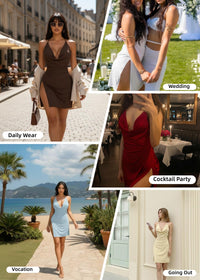 JOTWIS Women's Sexy Backless V Neck Mini Dress High Slit Club Night Out Party Cocktail Dresses (Red,S)