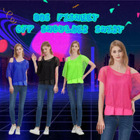 WILDPARTY Women Casual Sexy 80s Costumes Fishnet Neon Off Shoulder T-Shirt Two Pieces (Blue-L)