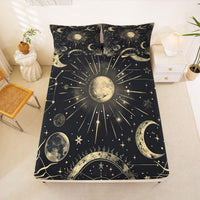 Erosebridal Bohemian Sun Moon Sheet Set King Galaxy Top Sheet Constellation Fitted Sheet Starry Sky Bed Sheet Exotic Style Golden Black Room Decorative Flat Sheet Cartoon Deep Pocket Fitted Sheets