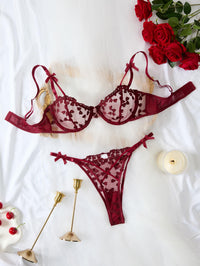 Lilosy Sexy Cute Underwire Push Up Strappy Heart Embroidered Mesh Sheer Lingerie Set for Women Bachelorette See Through Bra and Panty 2 Piece Bow Burgundy Red Medium