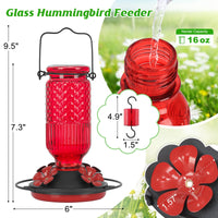 FEED GARDEN Glass Hummingbird Feeder for Outdoors Hanging, 16 oz Leak-Proof Nectar Feeder with Bee Guards & Ant Moat, 4 Metal Flower Feeding Ports, 360° Perch Ring, Easy Refill & Clean, Red