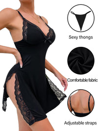 Foxiny Sexy Split Side Floral Lace Trim Full Slip Night Gown Babydoll Lingerie Dress with Thong 2 Piece Women High Slit Cami Nightgown Pajamas Set Nighty Sleep Wear Black Medium