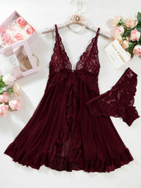 Foxiny Sexy Open Front V Neck Ruffle Sheer Mesh Lace Wireless Babydoll Lingerie Dress with Thong 2 Piece Women See Through Panty Set Chemise Negligee Hook Burgundy Red Medium