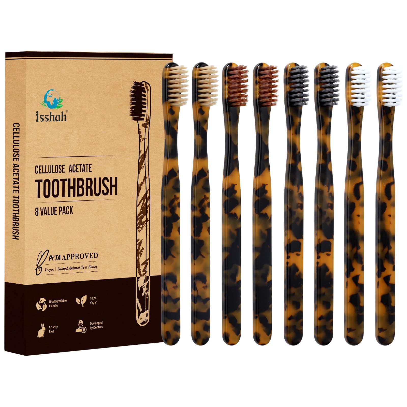Isshah Plant-Based Cellulose Acetate Toothbrushes - 8 Pack - Tortoise