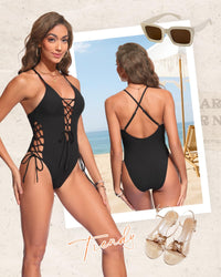 Tempt Me Women Black Sexy Lace Up One Piece Swimsuit Deep Plunge V Neck High Cut Bathing Suits L