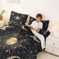 Erosebridal Bohemian Sun Moon Sheet Set King Galaxy Top Sheet Constellation Fitted Sheet Starry Sky Bed Sheet Exotic Style Golden Black Room Decorative Flat Sheet Cartoon Deep Pocket Fitted Sheets