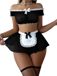 Foxiny Sexy Stockings Mini Skirt Mesh Sheer Lace Halloween Costume Maid Outfit Lingerie with Thong Set 4 Piece Women Roleplay See Through Matching Bra Panty Underwear Black Medium