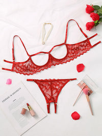 Lilosy Women's Sexy Underwire Floral Lace Sheer Bachelorette Lingerie Set See Through Bra and Panty 2 Piece Red Medium