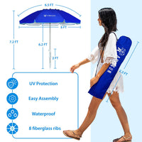 AMMSUN 6.5ft twice folded Portable beach umbrella with sand anchor windproof, Push Button Tilt and Air vent UPF 50+ Protection Fits in a large Suitcase for Patio Garden Beach Pool Backyard Blue