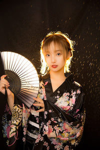Japanese Anime Women's Long Kimono Robe Fancy Dress Hand Held Silk Folding Fans Tabi Socks Set Black