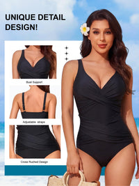 Smismivo Tummy Control Swimsuits for Women Slimming One Piece Bathing Suit Modest Padded Ruched Push Up Long Torso Curvy Shapewear V Neck Criss Cross Swimming Suits Full Coverage Swimwear (Black)
