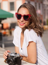 Frienda 6 Pairs Heart Shaped Sunglasses Cat Eye Shaped Sunglass for Women Bachelorette Bridesmaid Wedding Party Favor(Wine Red Grey)