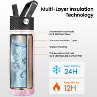 Konokyo 22oz Stainless Steel Bottles with 3 Lids Sport Insulated Water Bottle,Marble Blossom