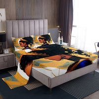 Manfei Black Exotic Style Women Fitted Sheet King Size with 2 Pillowcases,Beautiful Lady Bed Sheet Set,Girl African Top Flat Sheet Luxury Microfiber Breathable