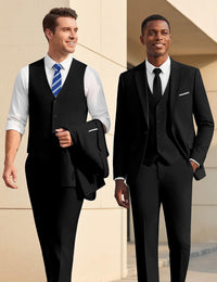 WULFUL Men’s Slim Fit Suit One Button 3-Piece Blazer Dress Business Wedding Party Jacket Vest & Pant Black