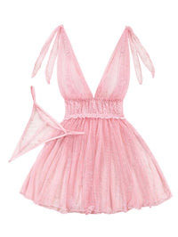 Lilosy Sexy Polka Dots Mesh Sheer Babydoll Chemise Lingerie Set Floral Lace Sleep Wear Women Deep V Slip Night Dress Nighty Negligee Gown With Thong 2 Piece Pink Medium