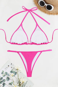 SHEKINI Women Halter Sexy Bikini Sets Brazilian Thong Cheeky String Two Piece Swimsuit(Neon Pink,XL)