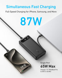 Anker Power Bank, 20,000mAh Travel Essential Portable Charger with Built-in USB-C Cable, 3-Port 87W Max Fast Charging Battery Pack, for MacBook, iPhone 16/15 Series, Samsung, Switch, and More