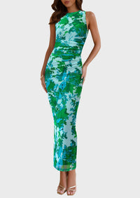 PRETTYGARDEN Womens Summer Wedding Guest Maxi Dress 2026 Spring Formal Floral Mesh Sleeveless Bodycon Vacation Long Dresses(Green Floral,X-Large)