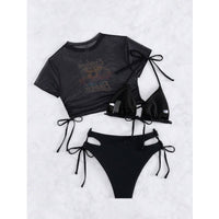 Sexybody Women's 3 Piece Swimsuit Halter String Bikini Tie Side Mesh Short Sleeve Bathing Suits