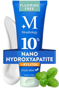 Mouthology 10% Nano Hydroxyapatite Toothpaste Fluoride Free, Whitening*, Rod Shaped nHA, Xylitol Toothpaste for Adults, Enamel Care*, Sensitive Teeth*, SLS Free, Mint 4oz (USA Made) Package May Vary