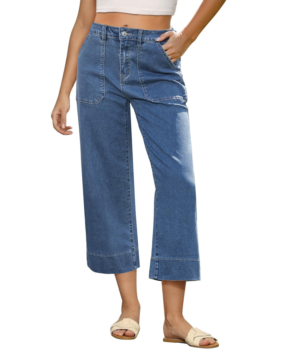 GRAPENT Ladies Capris Women's Capri Pants with Pockets Light Wash Cropped Jeans for Women Wide Leg Trouser Jeans for Women Womens Capri Pants Color Reef Blue Large Size 12 to 14