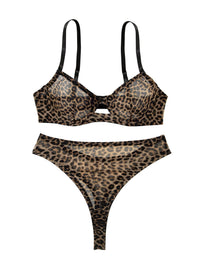 Lilosy Sexy Mesh Sheer Underwire Push Up Lingerie Set Women Cheetah See Through Bachelorette Bra Panty 2 Piece Leopard Medium