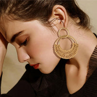 Handmade Raffia Hoop Earrings Statement Tropical Bohemian Straw Dangle Earrings Natural Rattan Vacation Style Round Earrings for Women Summer Beach Party Essential Jewelry (Boho style A)