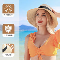 Beach Sun Hats for Women, Straw Hat for Women UPF 50+ UV Sun Protection Summer Hat Foldable Roll up Cap