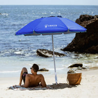 AMMSUN 6.5ft twice folded Portable beach umbrella with sand anchor windproof, Push Button Tilt and Air vent UPF 50+ Protection Fits in a large Suitcase for Patio Garden Beach Pool Backyard Blue