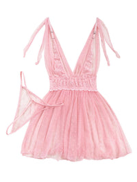 Lilosy Sexy Polka Dots Mesh Sheer Babydoll Chemise Lingerie Set Floral Lace Sleep Wear Women Deep V Slip Night Dress Nighty Negligee Gown With Thong 2 Piece Pink Medium