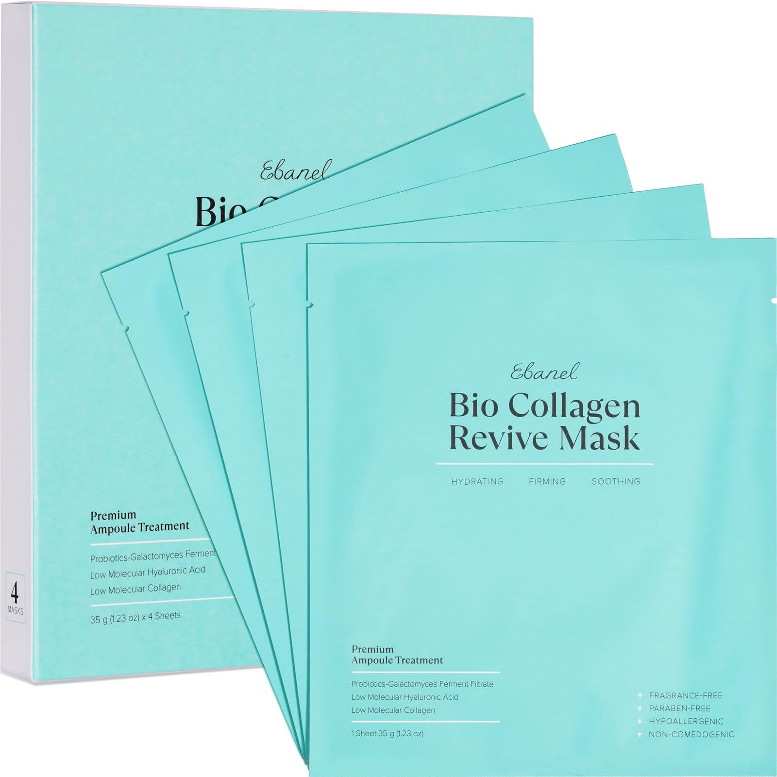 Ebanel Bio Collagen Face Mask, 4-Pack Hydrating Overnight Korean Sheet Mask