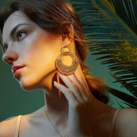 Handmade Raffia Hoop Earrings Statement Tropical Bohemian Straw Dangle Earrings Natural Rattan Vacation Style Round Earrings for Women Summer Beach Party Essential Jewelry (Boho style A)