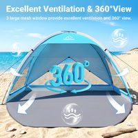 Wolfwise Portable Beach Tent Sun Shelter, Large Spacious Sun Shade for 3-4 Person, UPF 50+ UV Protection, Extendable Floor for Privacy, 3 Ventilated Mesh Windows, Carrying Bag, 95 ″x65″x55″, Blue