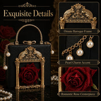 QZUnique Women Love Angel Floral Evening Bag Rose Embossed Formal Purse Clutch Black Gold Crossbody Pearl Chain Shoulder Bag