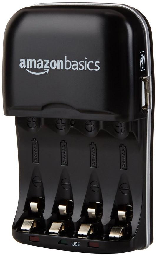 Amazon Basics Rechargeable Battery Charger for AA & AAA Ni-MH Batteries with USB Port, Portable, Travel-Friendly, Over-Charge Protection, Black