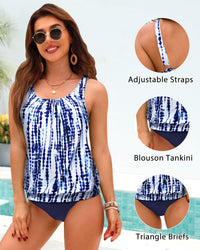 Yonique Blouson Tankini Swimsuits for Women Loose Fit Modest Two Piece Bathing Suits Tie Dye and Navy Blue L