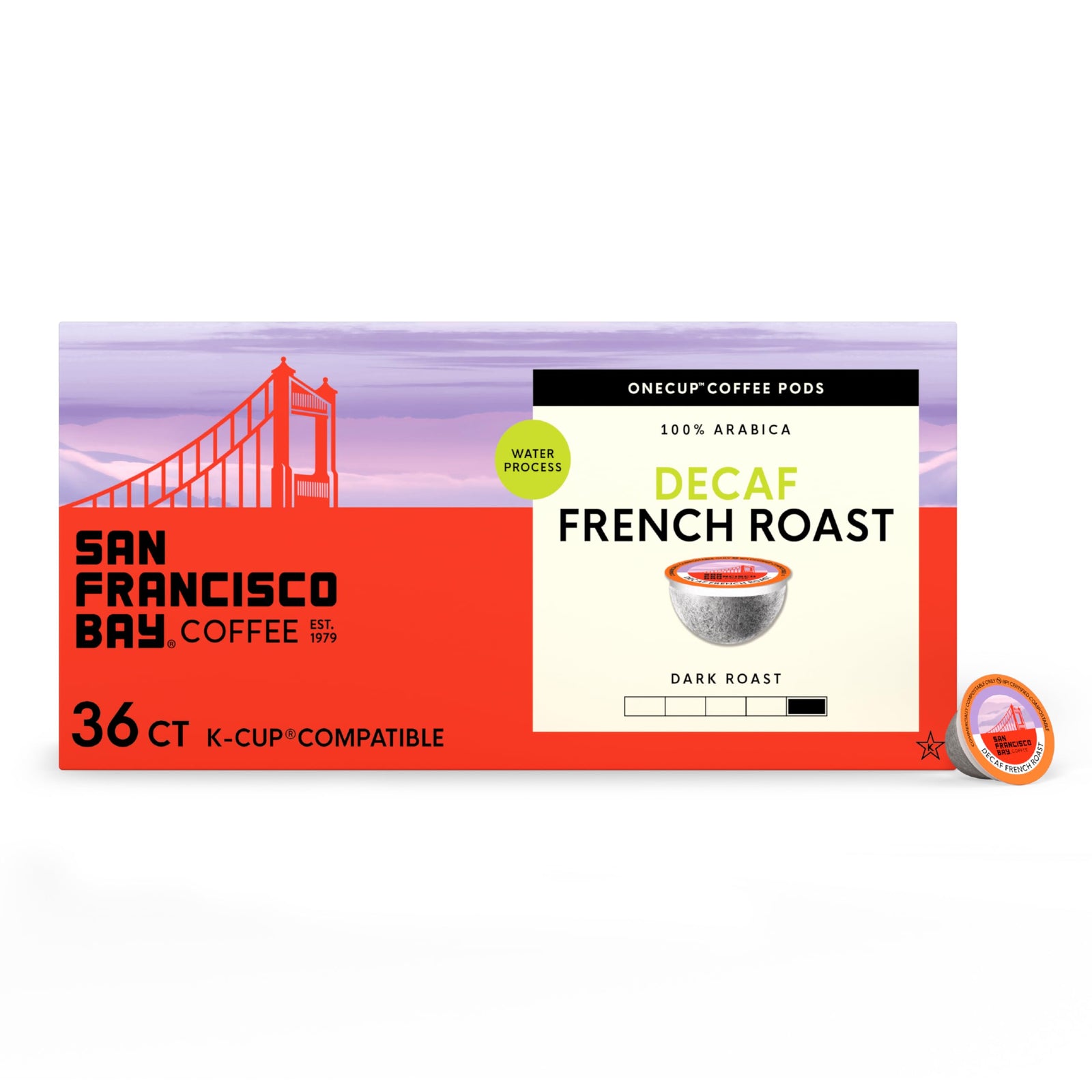 San Francisco Bay Decaf K-Cup Coffee Pods, Decaf French Roast (36 ct), Dark Roast, Commercially Compostable Single-Serve Coffee Pods, Swiss Water Process