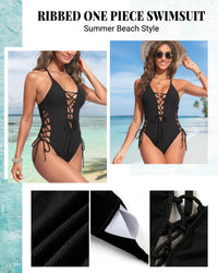 Tempt Me Women Black Sexy Lace Up One Piece Swimsuit Deep Plunge V Neck High Cut Bathing Suits L