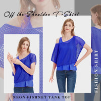 WILDPARTY Women Casual Sexy 80s Costumes Fishnet Neon Off Shoulder T-Shirt Two Pieces (Blue-L)
