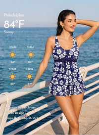 Aleumdr Tankini Swimsuits for Women Tummy Control Two Piece Bathing Suits Floral Printed Tank Top with Boyshorts Blue Flower Large