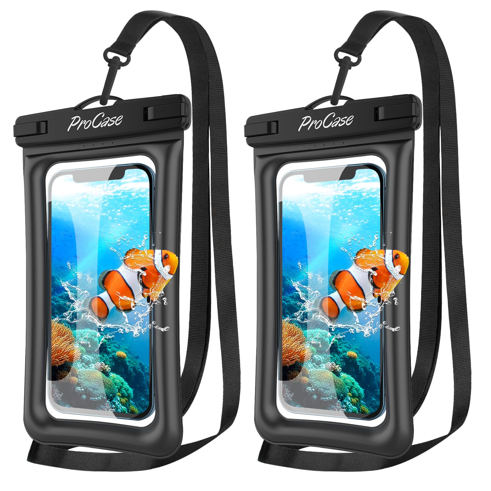 ProCase 2 Pack Floating Waterproof Phone Pouch IPX8, Universal Dry Bag Fits iPhone 17/16/15/14/13 Series, Galaxy S24/S23/S22, Pixel 8/7 (Up to 7”), Touchscreen, Underwater & Snow Protection -Black