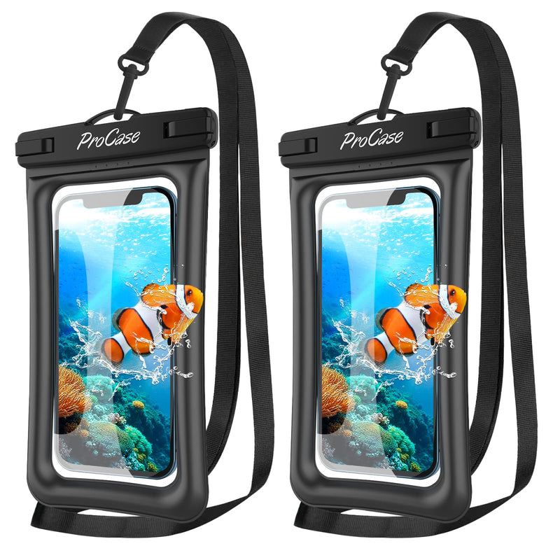 ProCase 2 Pack Floating Waterproof Phone Pouch IPX8, Universal Dry Bag Fits iPhone 17/16/15/14/13 Series, Galaxy S24/S23/S22, Pixel 8/7 (Up to 7”), Touchscreen, Underwater & Snow Protection -Black