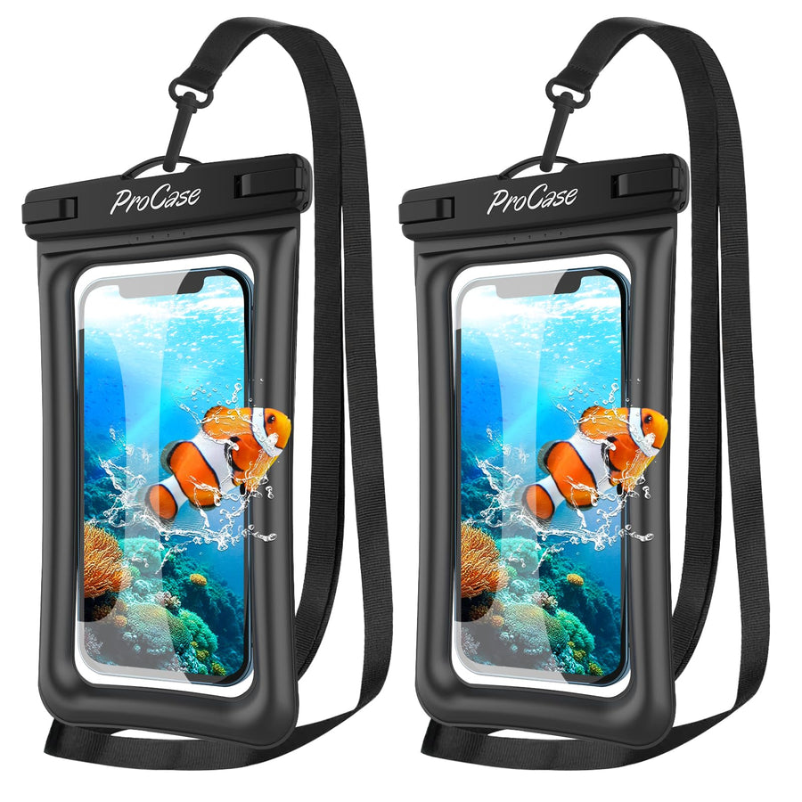 ProCase 2 Pack Floating Waterproof Phone Pouch IPX8, Universal Dry Bag Fits iPhone 17/16/15/14/13 Series, Galaxy S24/S23/S22, Pixel 8/7 (Up to 7”), Touchscreen, Underwater & Snow Protection -Black
