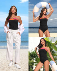 Daci Black Pink Color Block Bandeau Tankini Swimsuits for Women - Two Piece Ruched Tummy Control Bathing Suit Strapless Swimwear with Bottom L